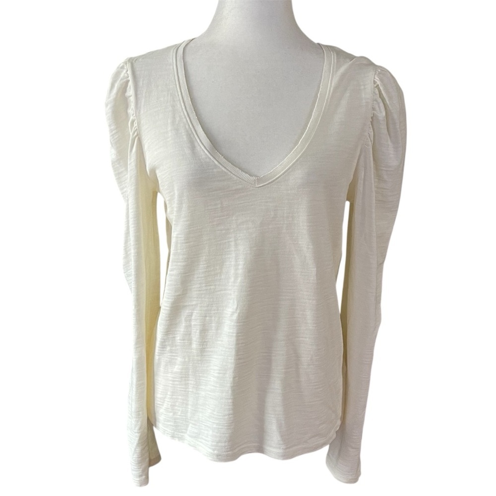 NATION Ltd. White V-neckline Puff Long Sleeves Tee US L